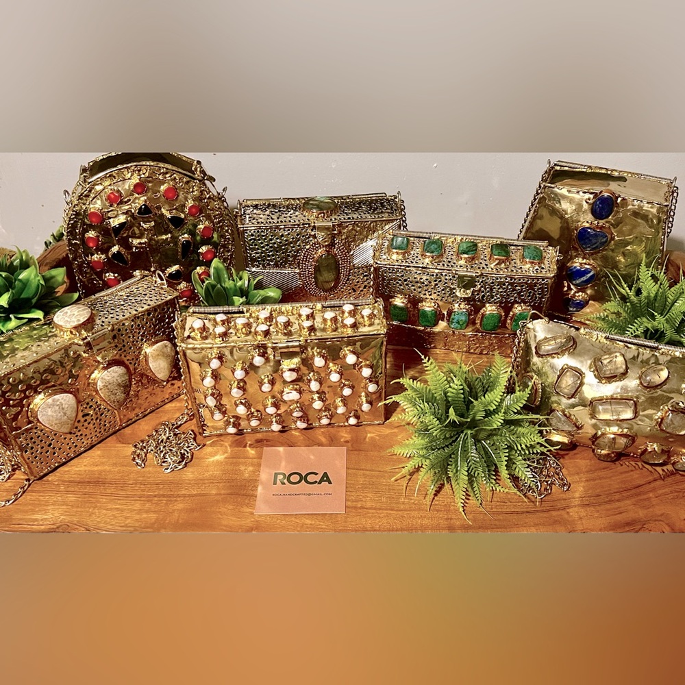 Roca-We craft handmade welded copper & brass purses embedded with natural gems